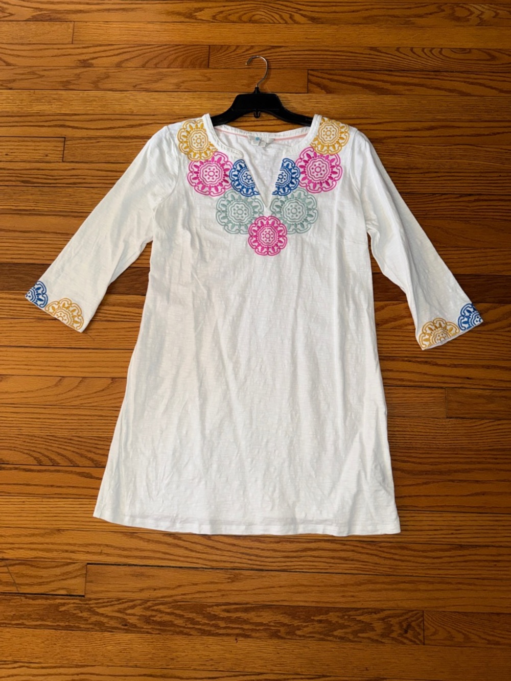 Boden White Tunic Dress with Colorful Embroidery, size 12